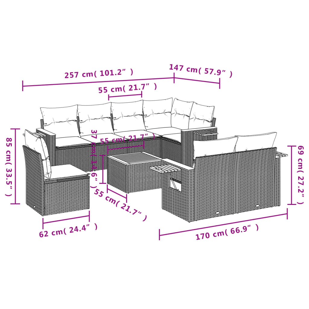 Set Divano da Giardino 9 pz con Cuscini Grigio in Polyrattan | homemem39