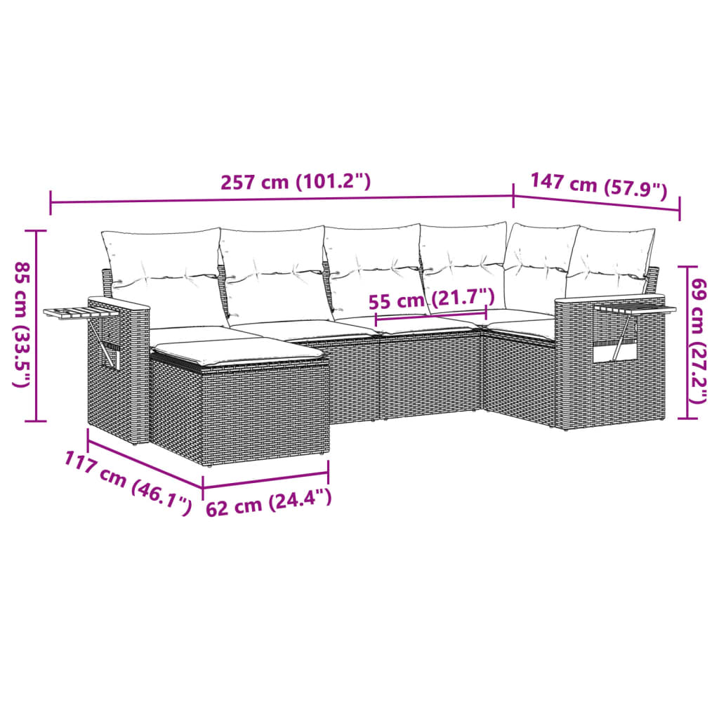 Set Divano da Giardino 6 pz con Cuscini Nero in Polyrattan