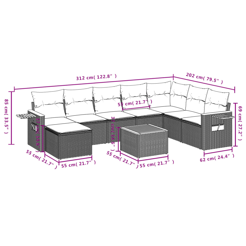 Set Divano da Giardino 9 pz con Cuscini Grigio in Polyrattan | homemem39