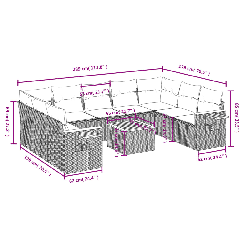Set Divani da Giardino 10pz con Cuscini in Polyrattan Nero | homemem39