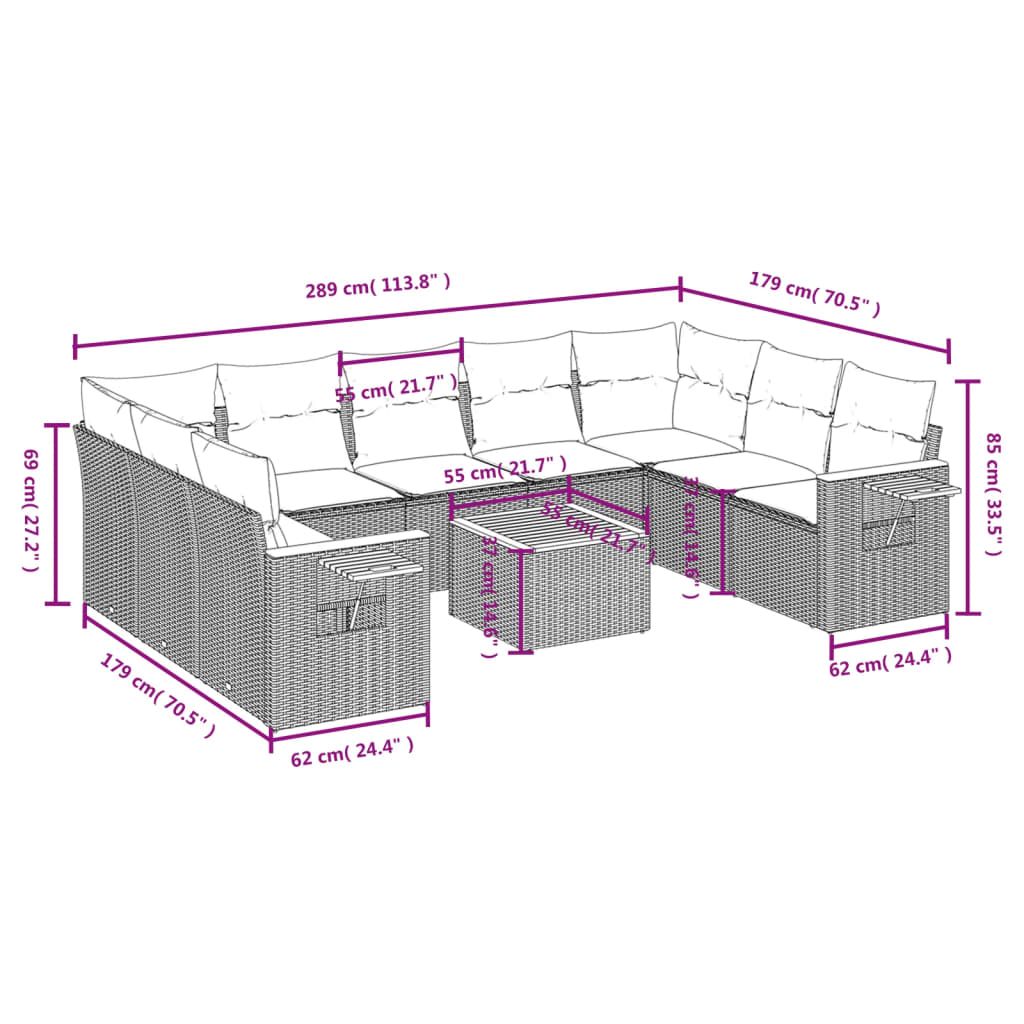 Set Divano da Giardino 10 pz con Cuscini Grigio in Polyrattan | homemem39