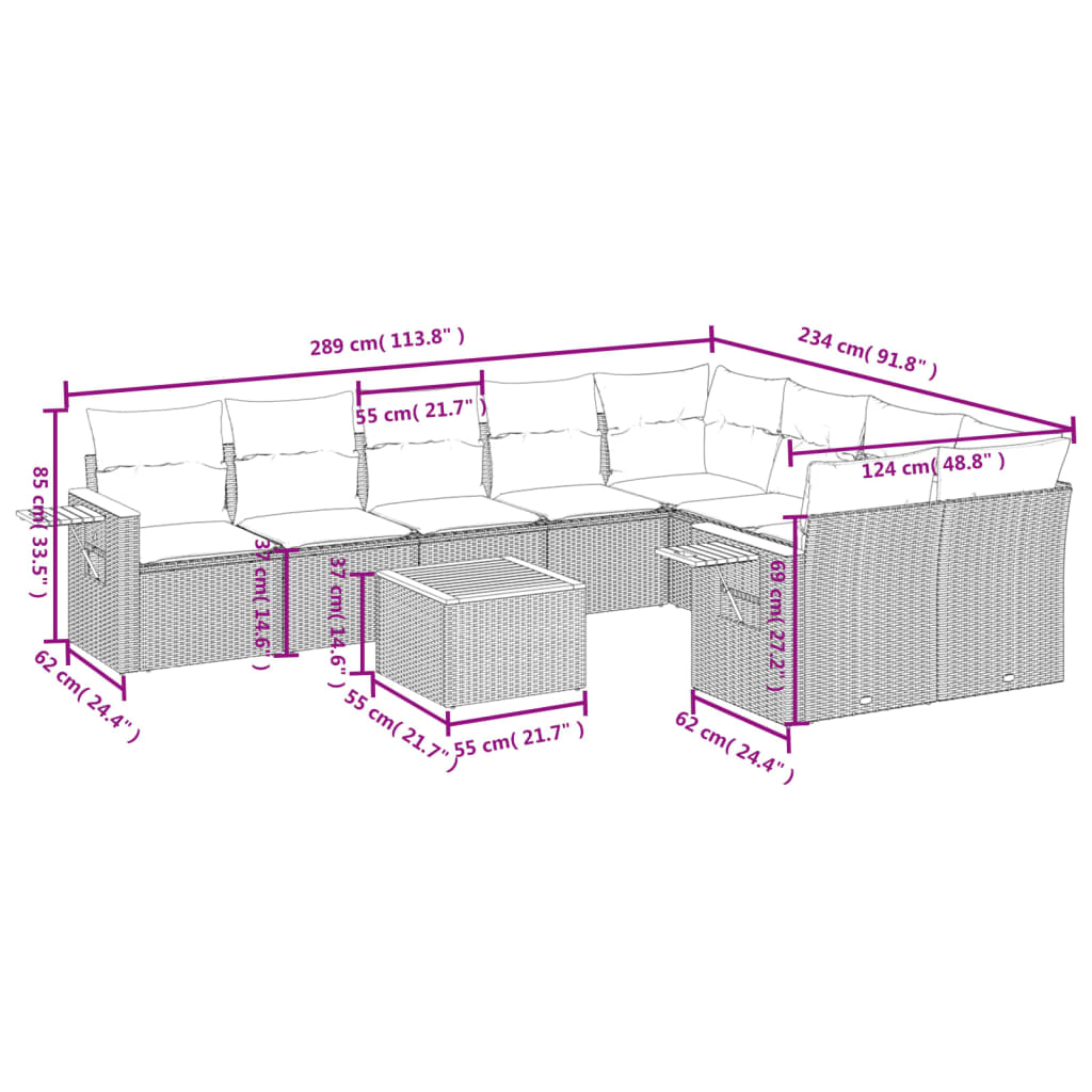 Set Divani da Giardino 10pz con Cuscini in Polyrattan Nero | homemem39