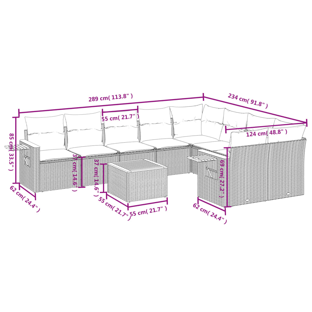 Set Divano da Giardino 10 pz con Cuscini Grigio in Polyrattan | homemem39