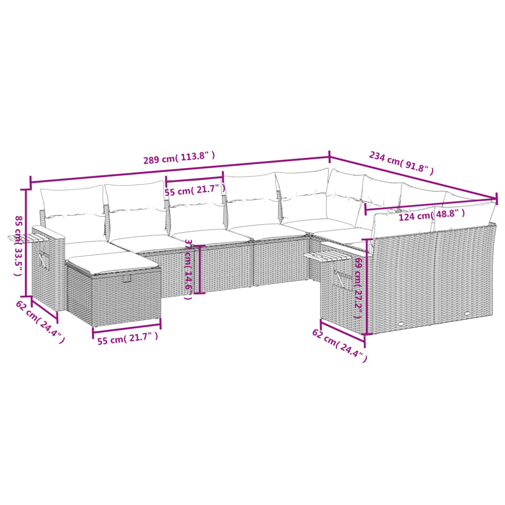 Set Divani da Giardino 10pz con Cuscini in Polyrattan Nero | homemem39