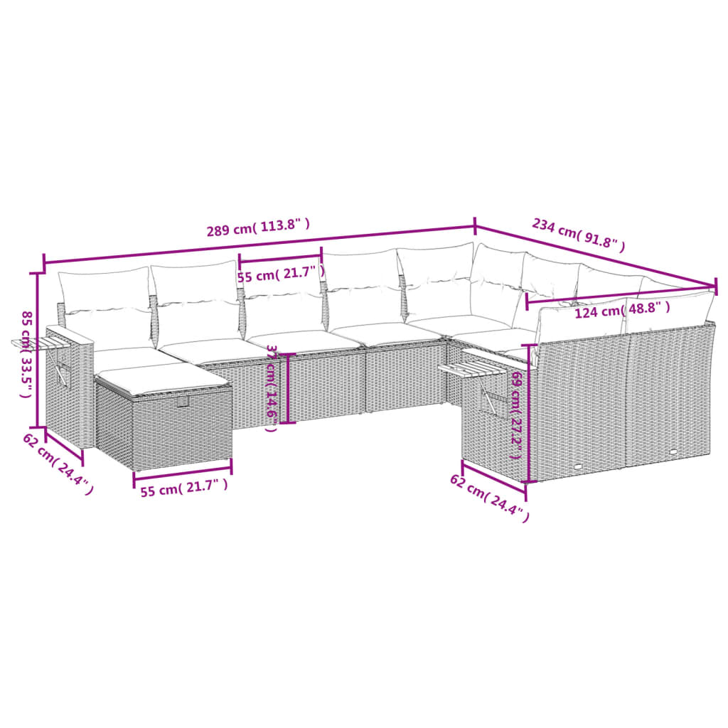 Set Divano da Giardino 10 pz con Cuscini Grigio in Polyrattan | homemem39