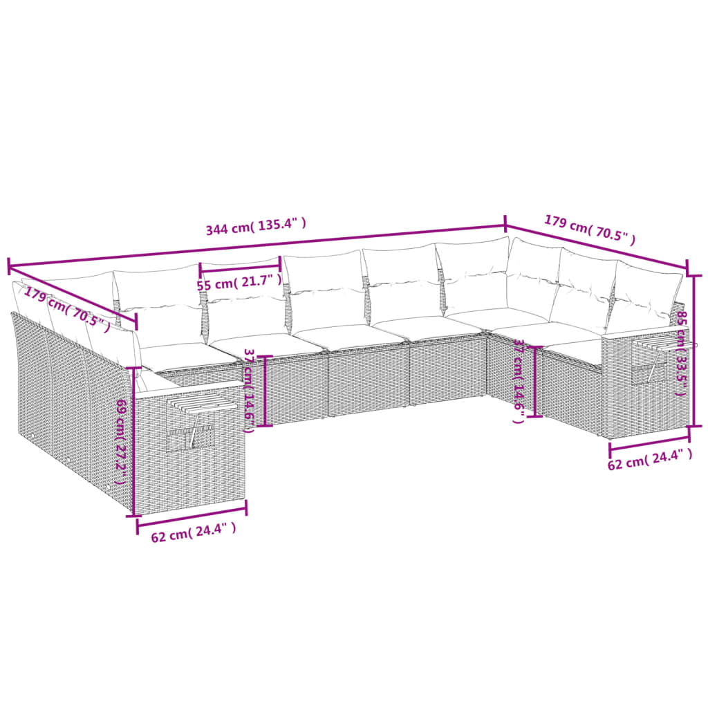 Set Divani da Giardino 10pz con Cuscini in Polyrattan Nero | homemem39