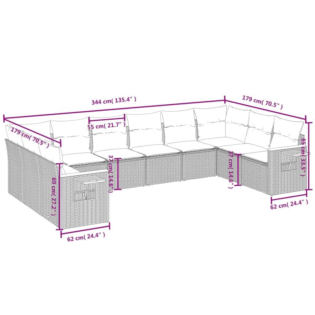 Set Divani da Giardino 10pz con Cuscini in Polyrattan Nero | homemem39