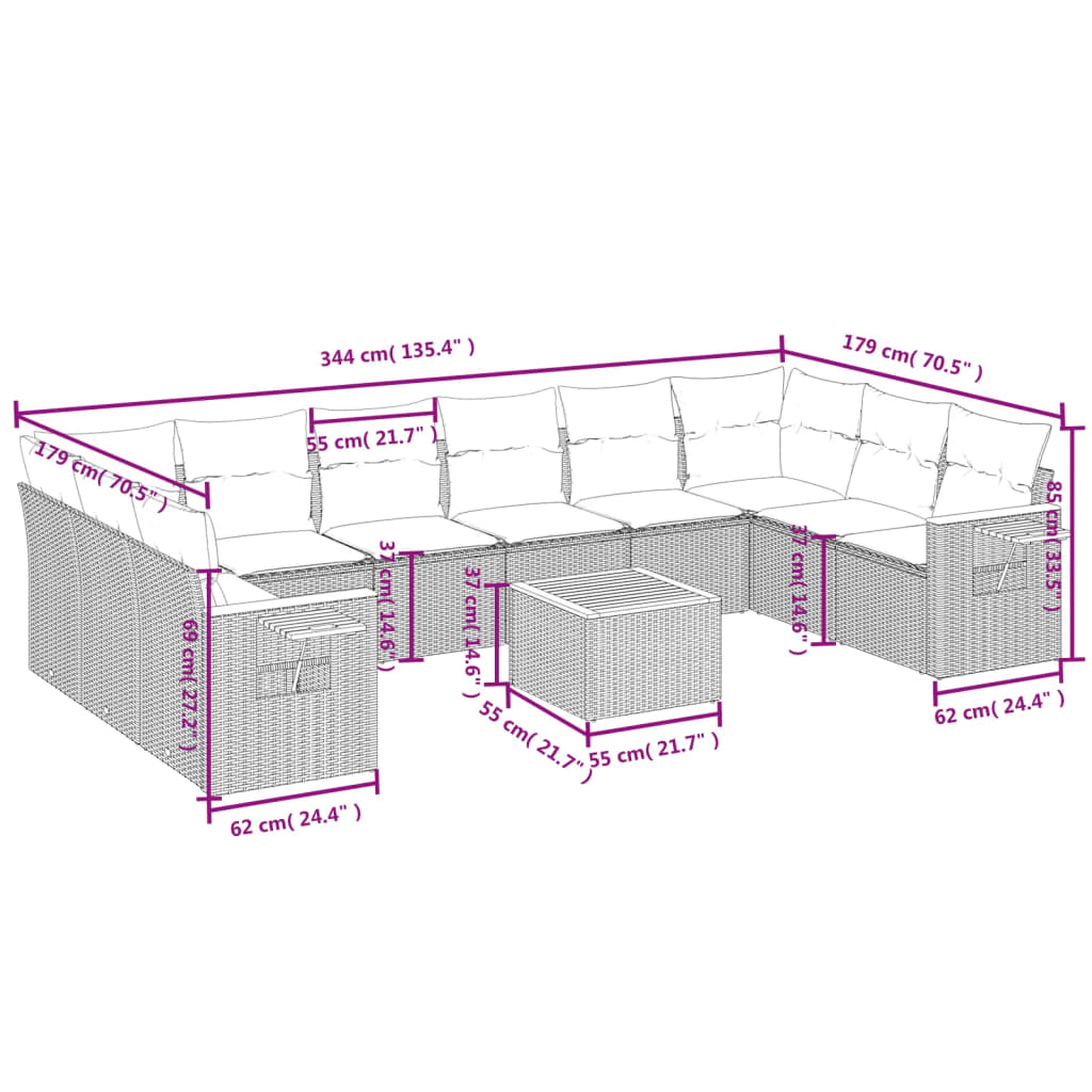 Set Divani da Giardino 11 pz con Cuscini in Polyrattan Nero