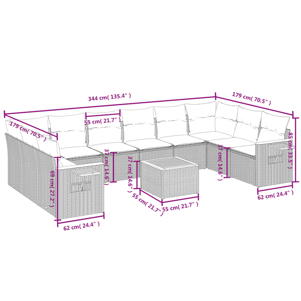 Set Divani da Giardino 11 pz con Cuscini in Polyrattan Nero | homemem39