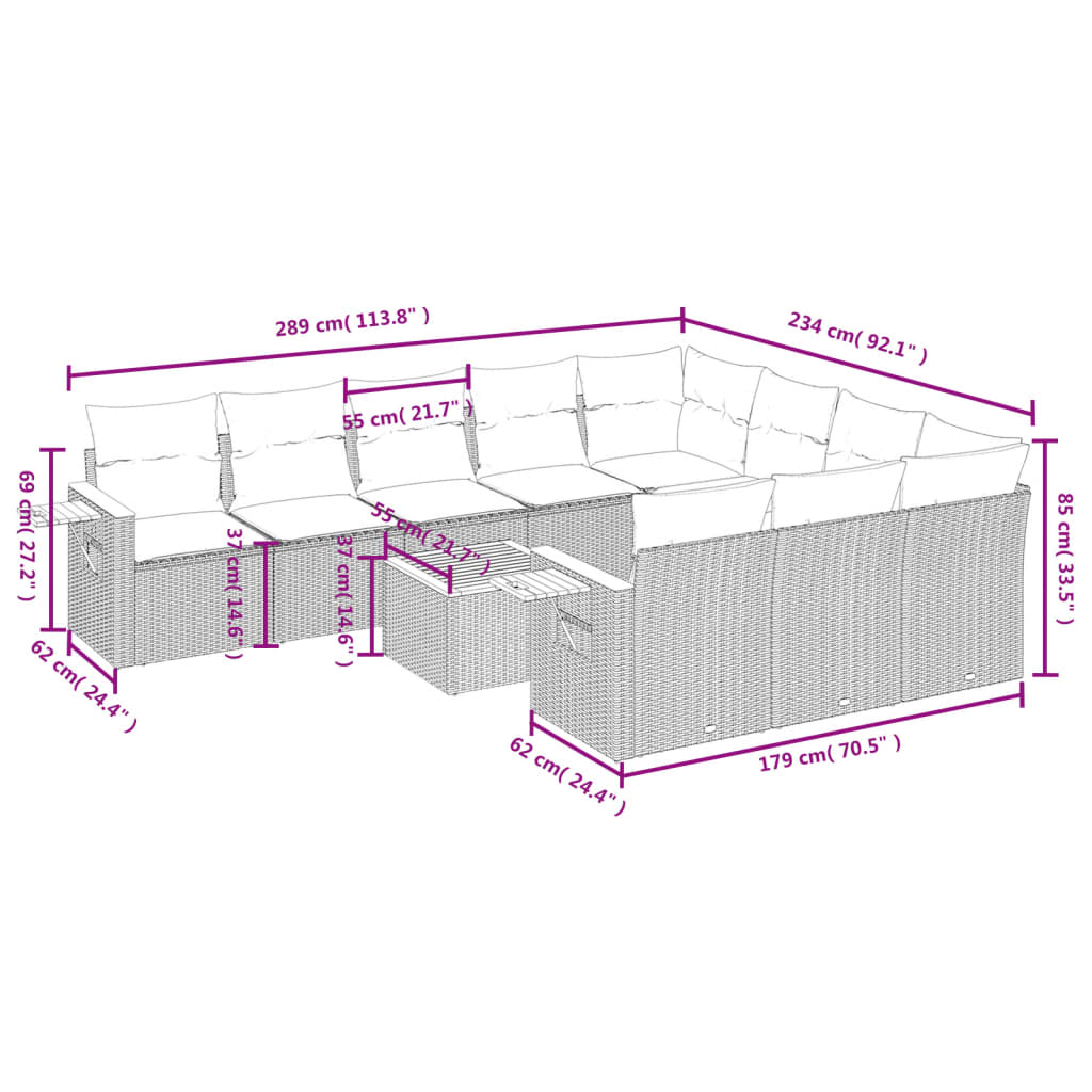 Set Divani da Giardino 11 pz con Cuscini in Polyrattan Grigio | homemem39