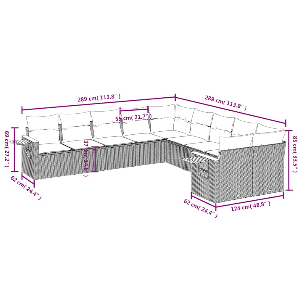 Set Divani da Giardino 10pz con Cuscini in Polyrattan Nero