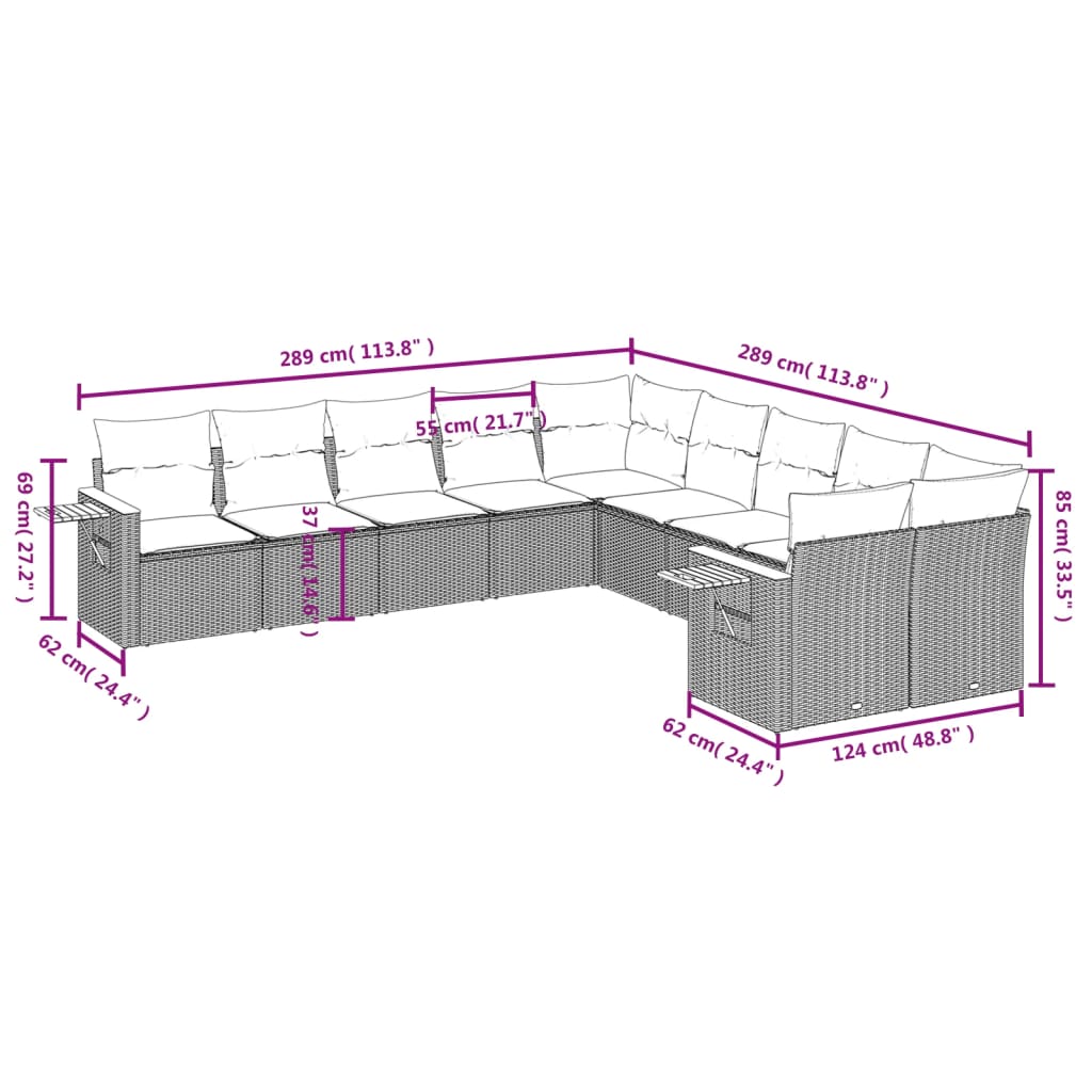 Set Divano da Giardino 10 pz con Cuscini Grigio in Polyrattan | homemem39