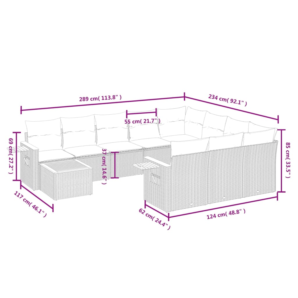 Set Divani da Giardino 11 pz con Cuscini in Polyrattan Nero