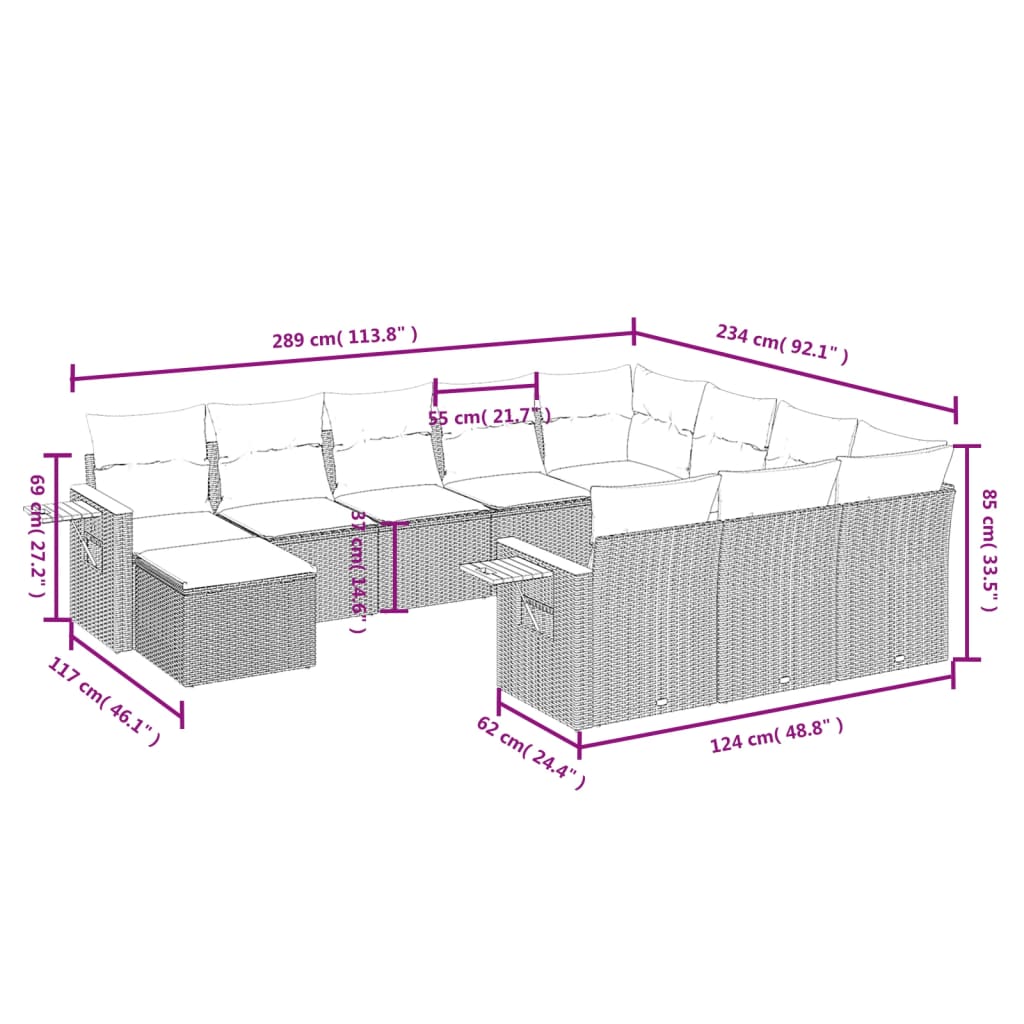 Set Divani da Giardino 11 pz con Cuscini in Polyrattan Grigio