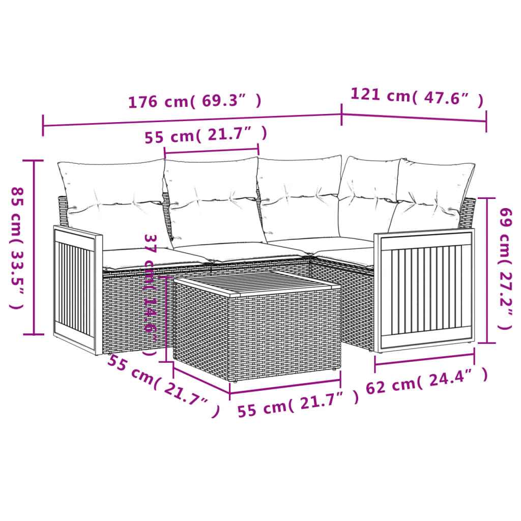 Set Divano da Giardino 5 pz con Cuscini Grigio in Polyrattan