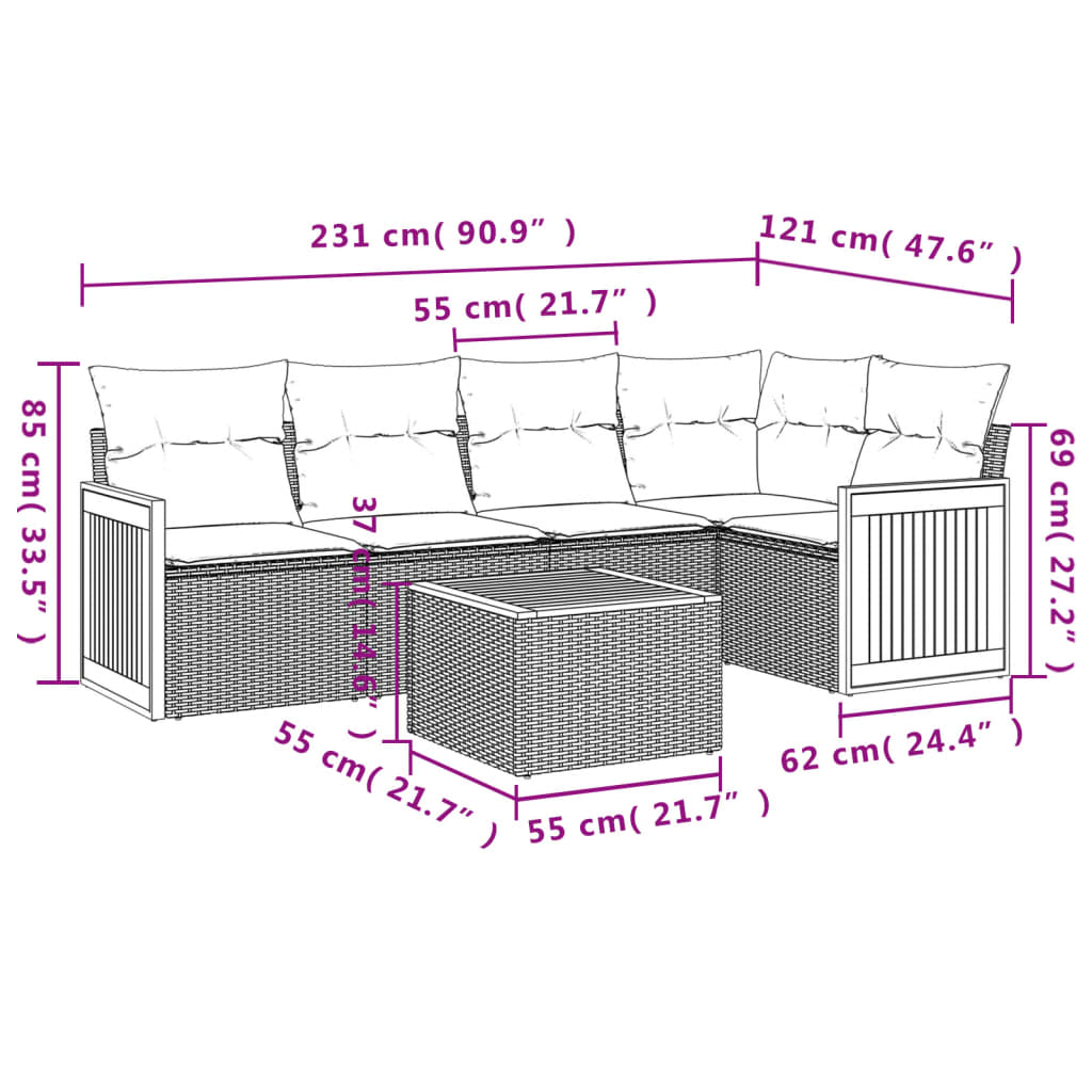 Set Divano da Giardino 6 pz con Cuscini Beige in Polyrattan | homemem39