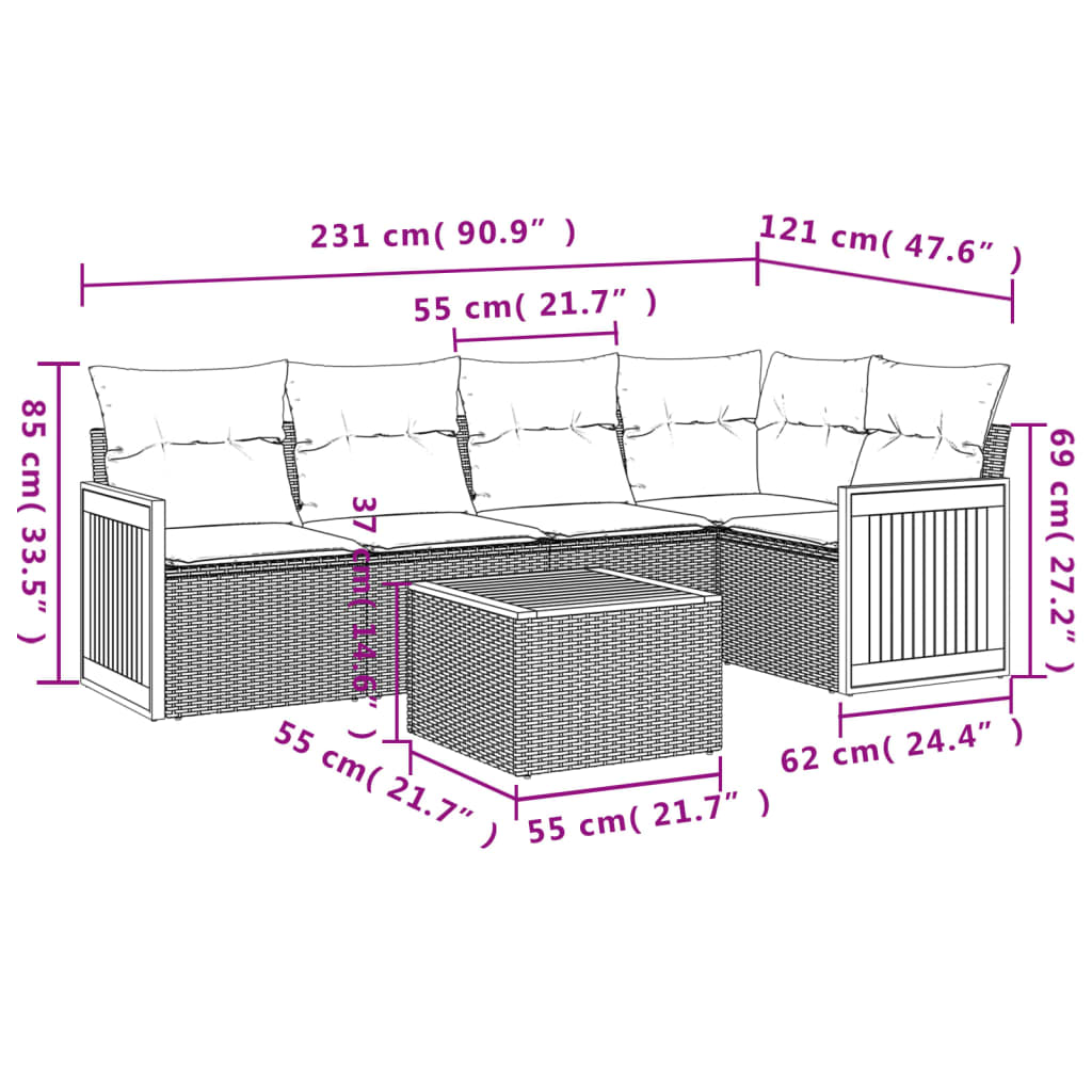 Set Divano da Giardino 6 pz con Cuscini Grigio in Polyrattan | homemem39
