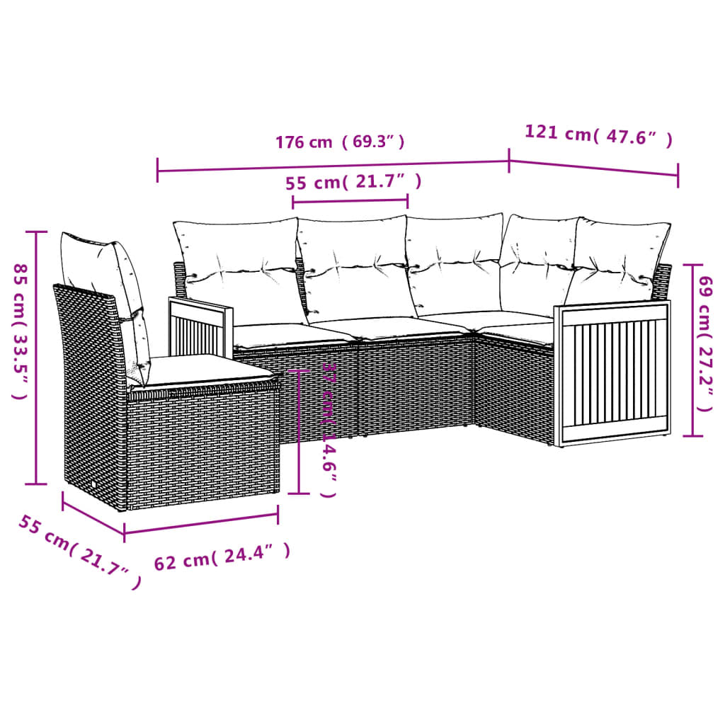 Set Divano da Giardino 5 pz con Cuscini Grigio in Polyrattan | homemem39