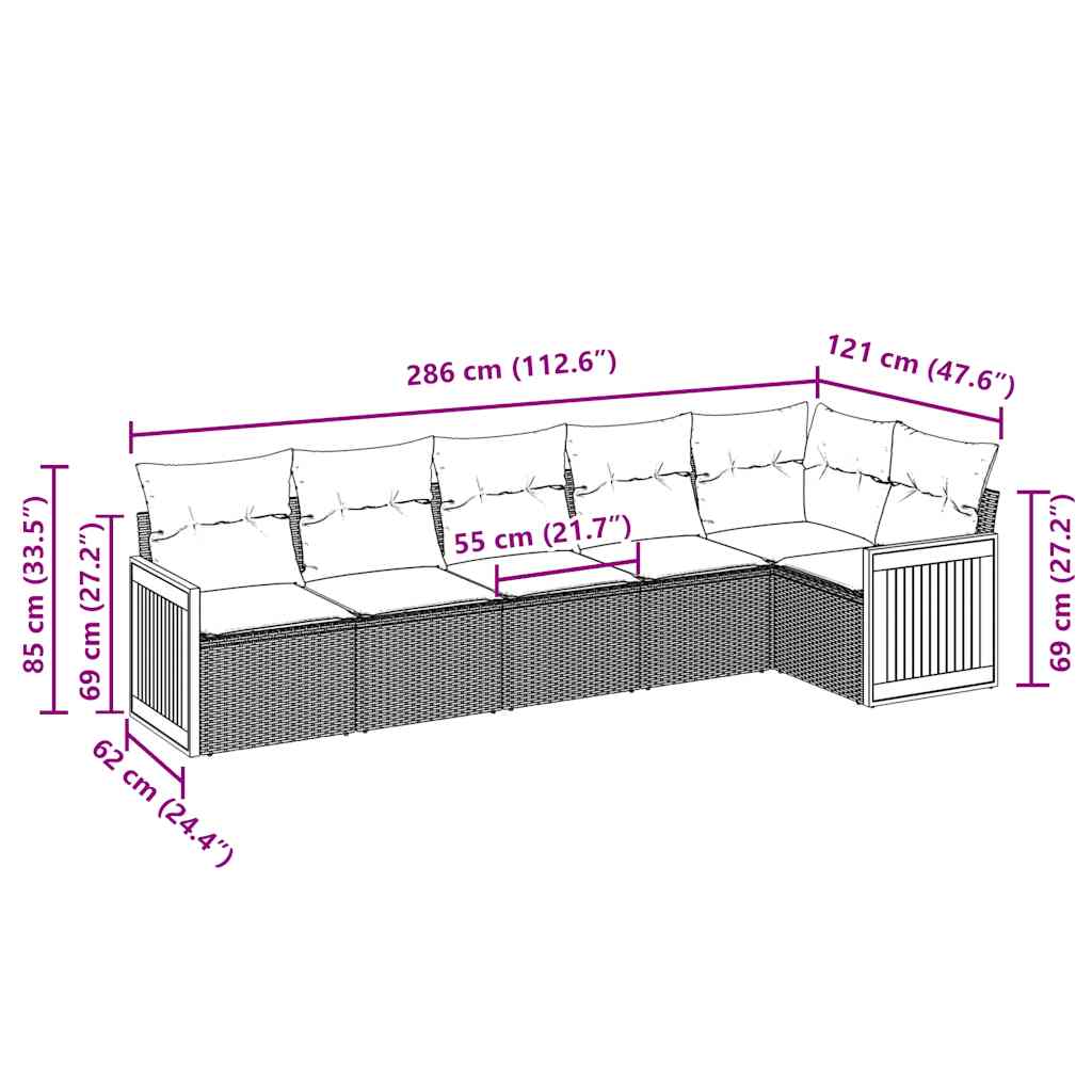 Set Divano da Giardino 6 pz con Cuscini Nero in Polyrattan