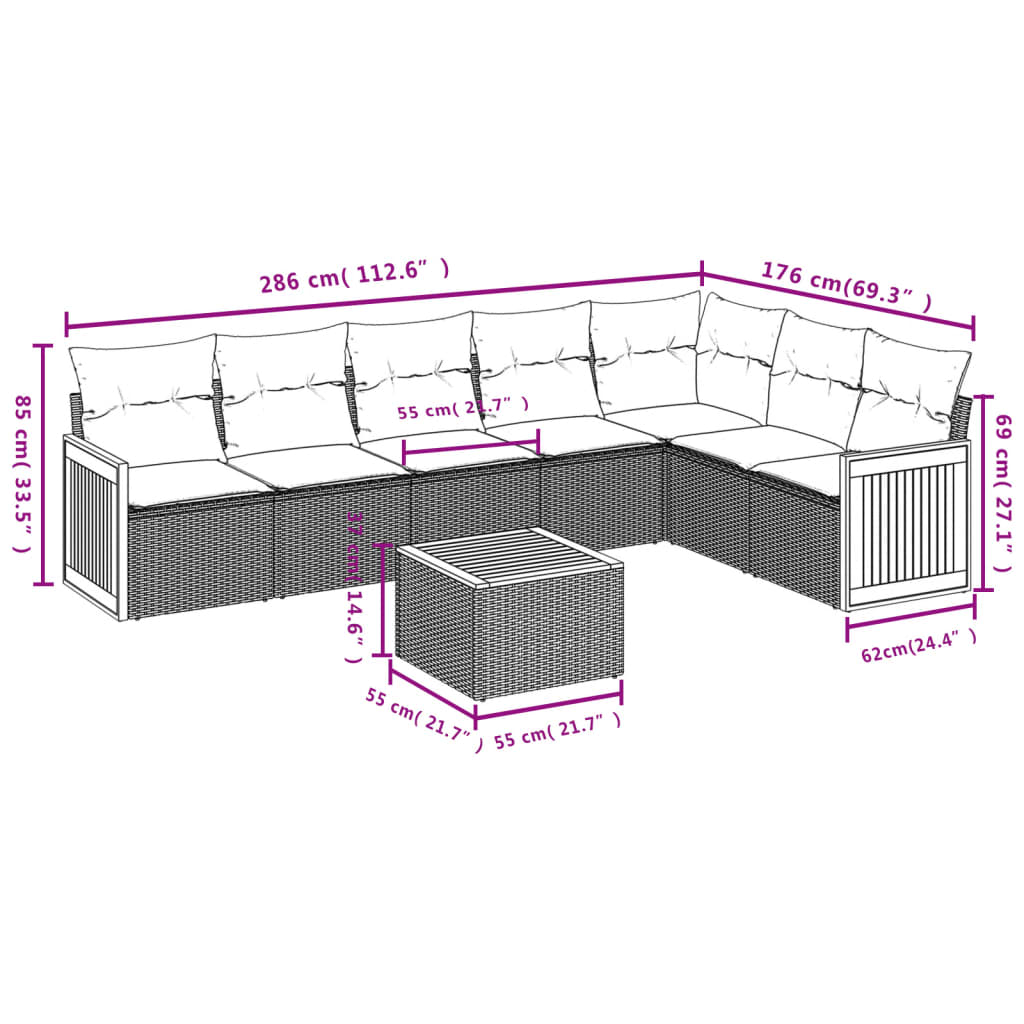 Set Divano da Giardino 8 pz con Cuscini Beige in Polyrattan