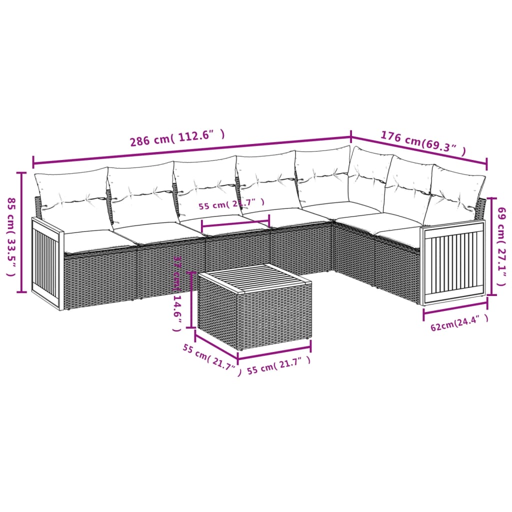 Set Divano da Giardino 8 pz con Cuscini Grigio in Polyrattan