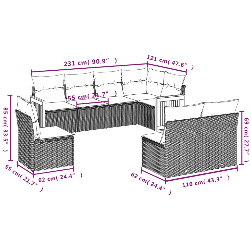 Set Divano da Giardino 8 pz con Cuscini Beige in Polyrattan | homemem39
