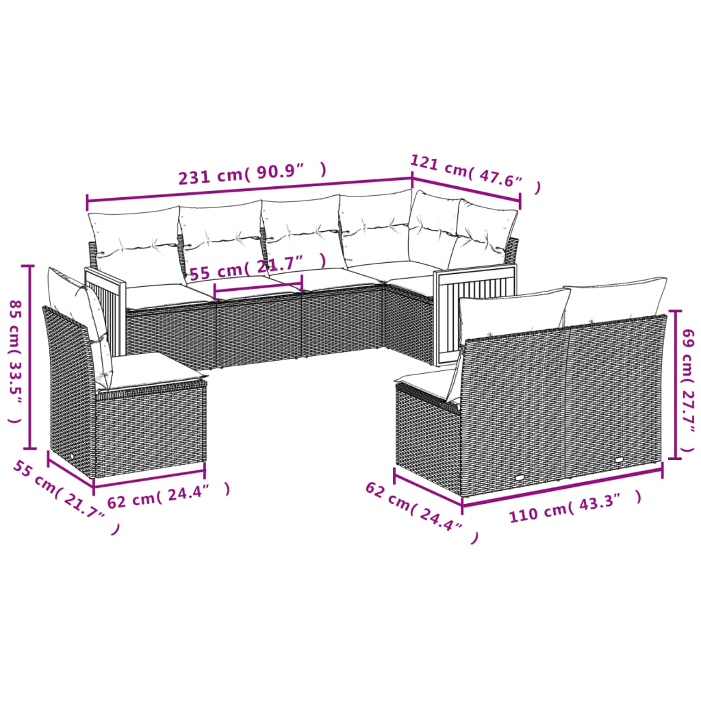 Set Divano da Giardino 8 pz con Cuscini Grigio in Polyrattan | homemem39