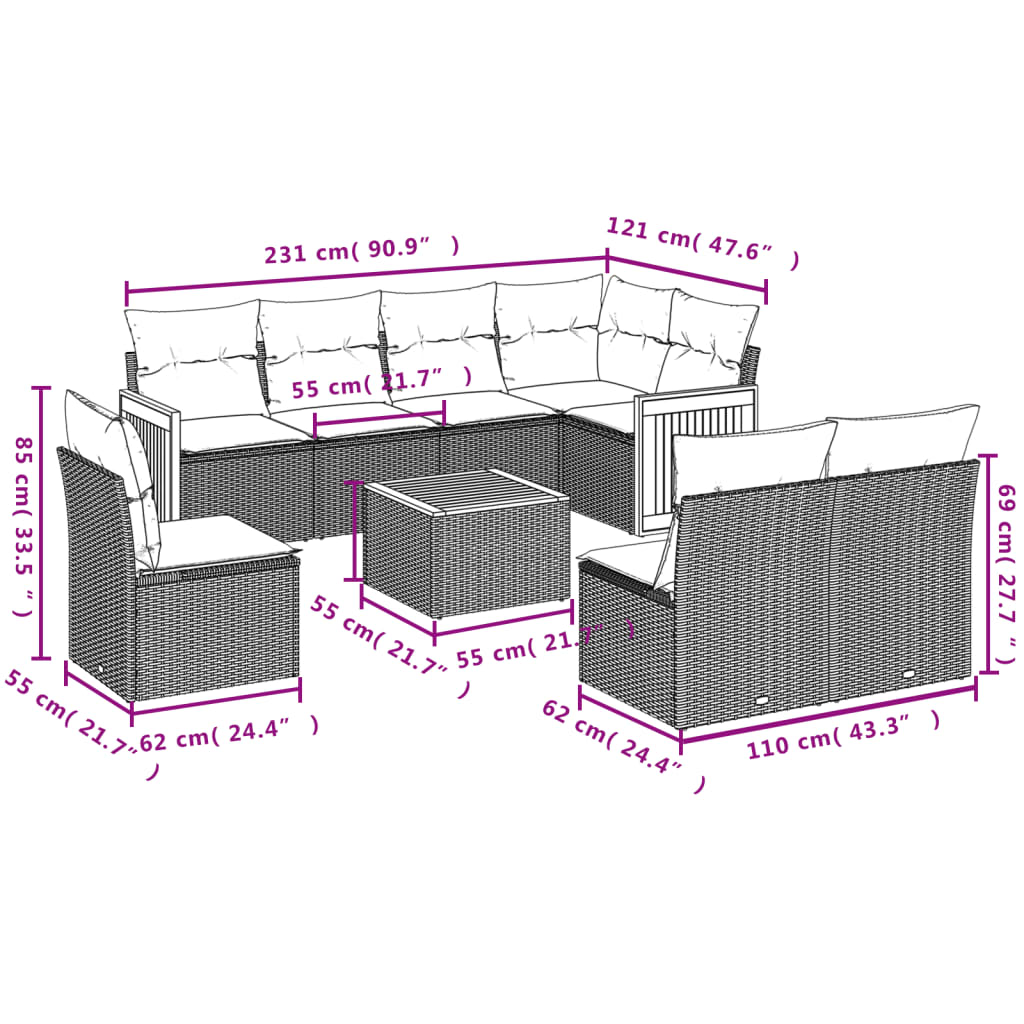Set Divano da Giardino 9 pz con Cuscini Beige in Polyrattan