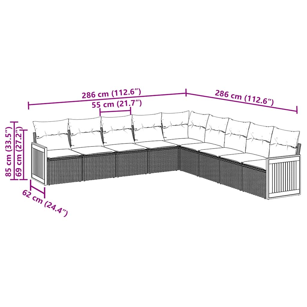 Set Divani da Giardino 9 pz con Cuscini Nero in Polyrattan | homemem39