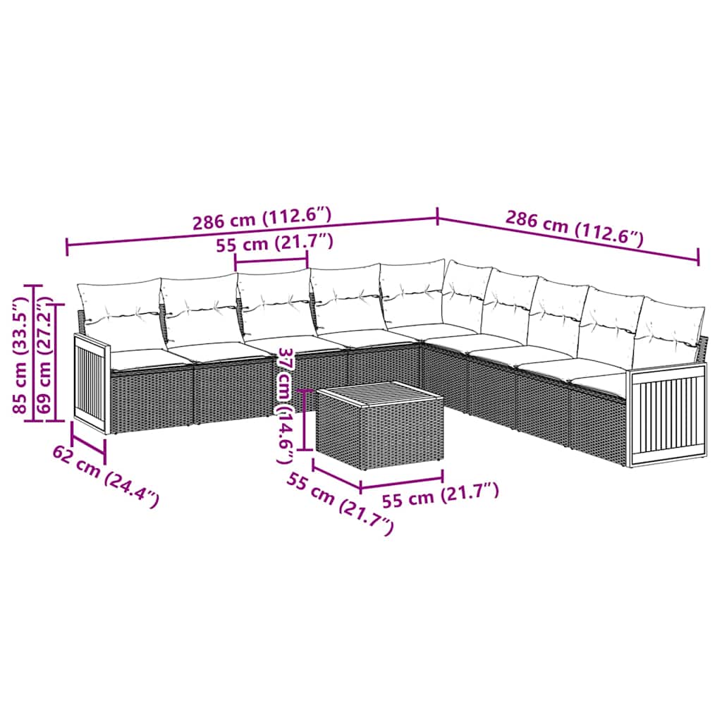 Set Divani da Giardino 10pz con Cuscini in Polyrattan Nero | homemem39