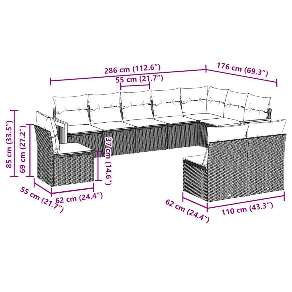 Set Divani da Giardino 10pz con Cuscini in Polyrattan Nero