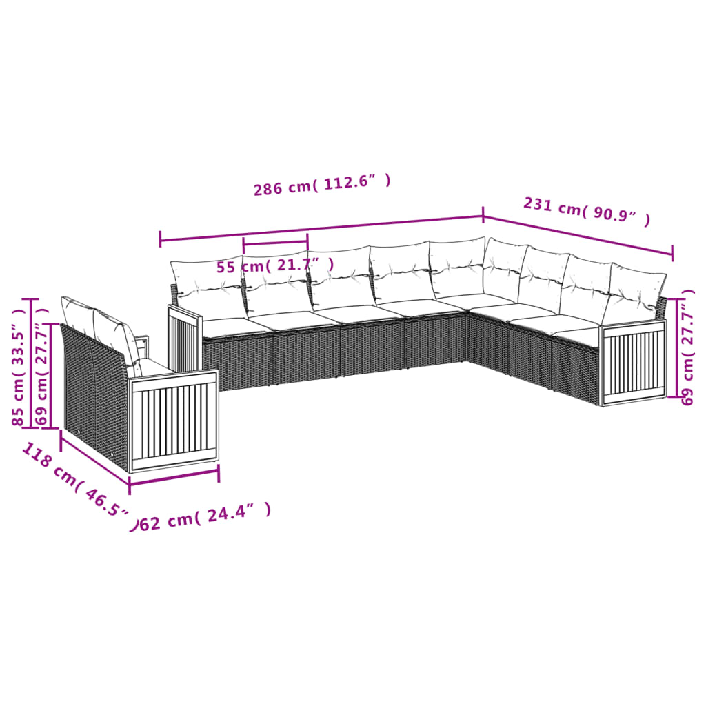 Set Divani da Giardino 10pz con Cuscini in Polyrattan Nero | homemem39