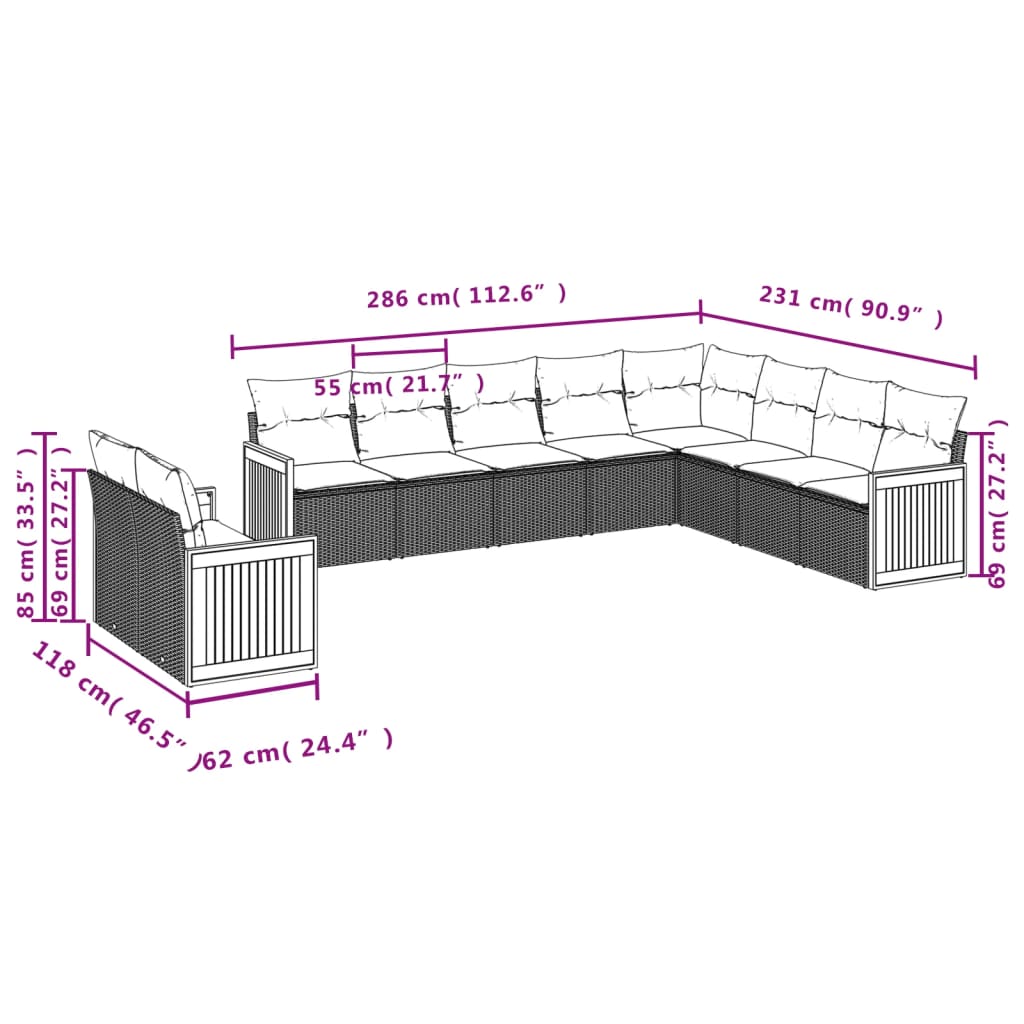 Set Divano da Giardino 10 pz con Cuscini Grigio in Polyrattan | homemem39