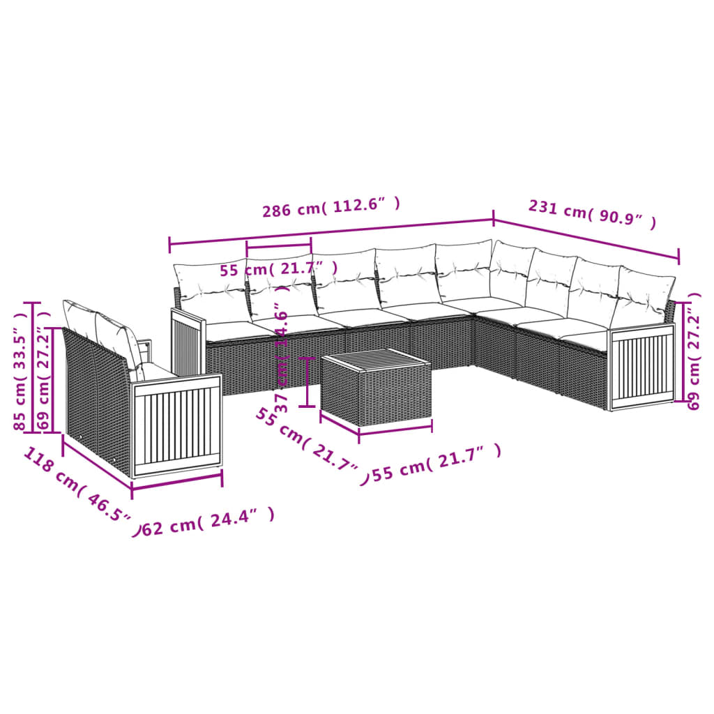 Set Divani da Giardino 11 pz con Cuscini in Polyrattan Grigio | homemem39