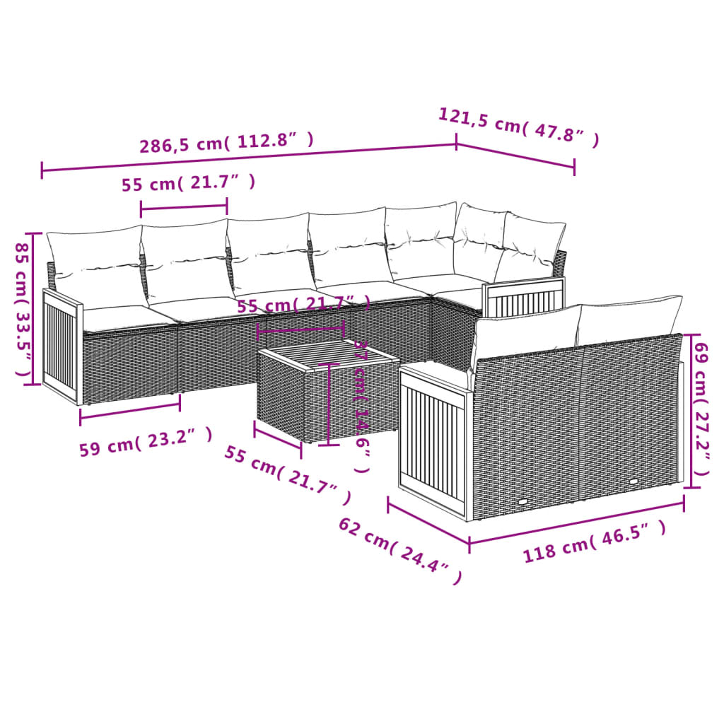 Set Divani da Giardino 9 pz con Cuscini Nero in Polyrattan | homemem39