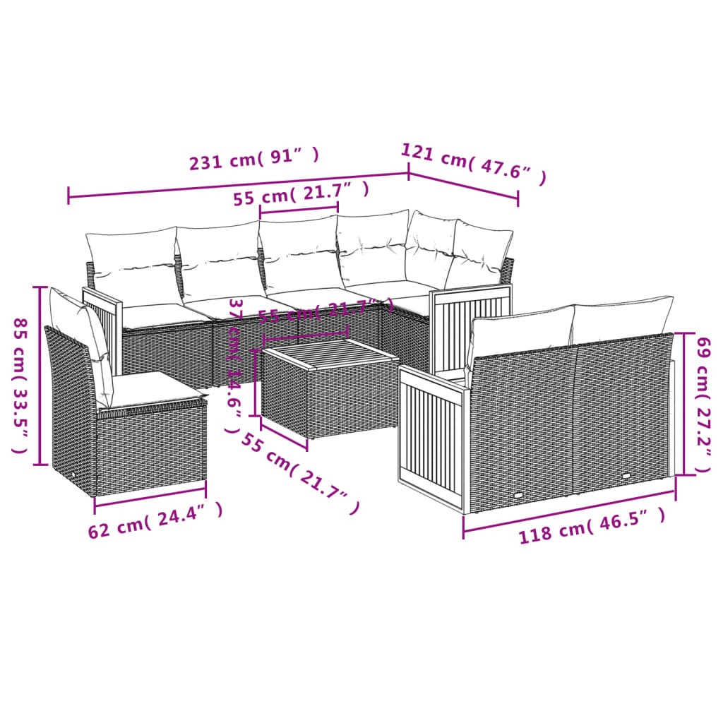 Set Divani da Giardino 9 pz con Cuscini Nero in Polyrattan | homemem39