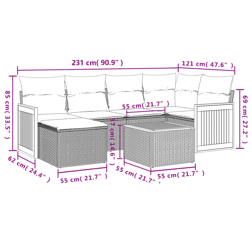 Set Divani da Giardino 7 pz con Cuscini Beige in Polyrattan | homemem39