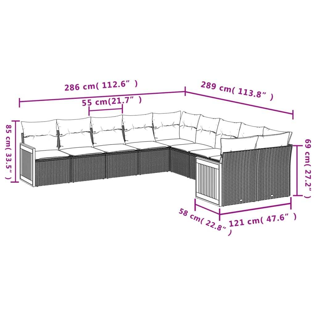 Set Divano da Giardino 10 pz con Cuscini Beige in Polyrattan | homemem39