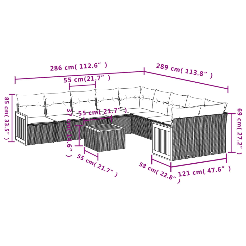 Set Divani da Giardino 11 pz con Cuscini in Polyrattan Nero | homemem39