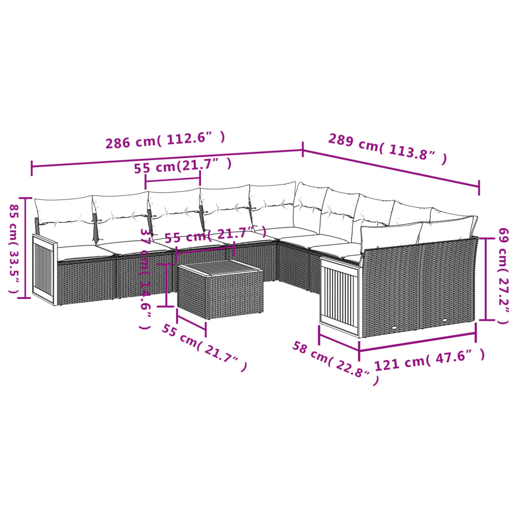 Set Divani da Giardino 11 pz con Cuscini in Polyrattan Grigio | homemem39