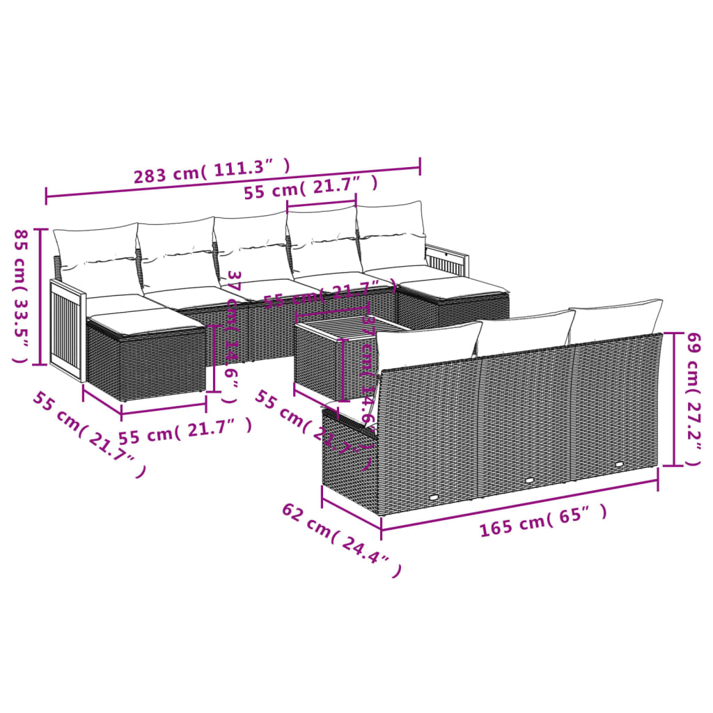Set Divani da Giardino 11 pz con Cuscini in Polyrattan Nero | homemem39