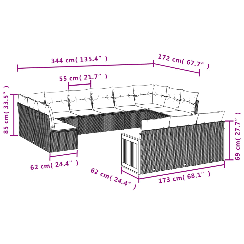 Set Divani da Giardino 13pz con Cuscini Nero in Polyrattan