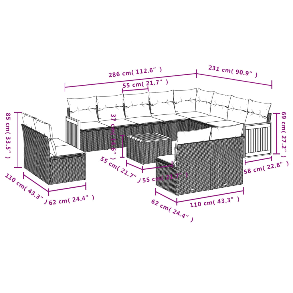 Set Divani da Giardino 13 pz con Cuscini Grigio in Polyrattan | homemem39