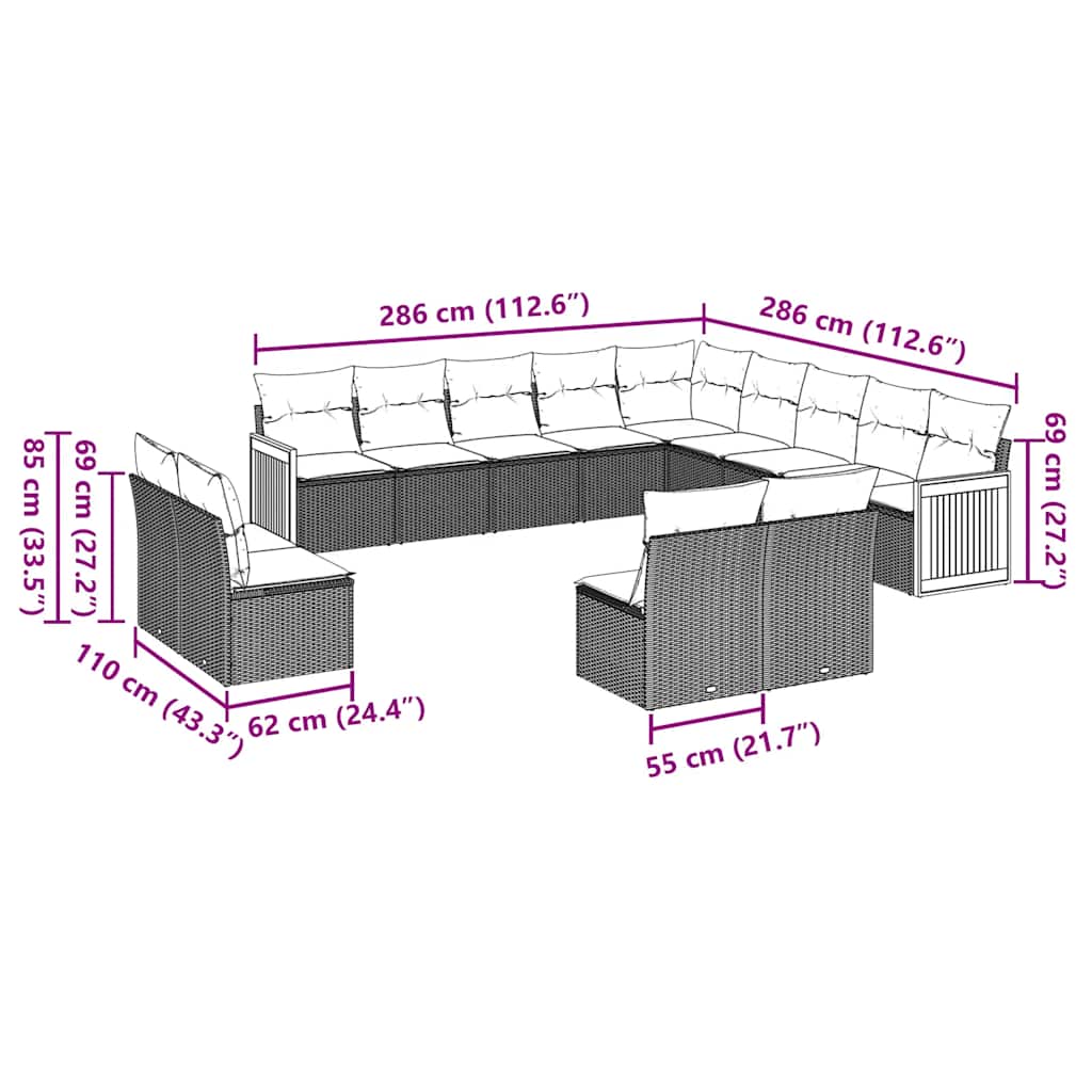 Set Divani da Giardino 13pz con Cuscini Nero in Polyrattan | homemem39