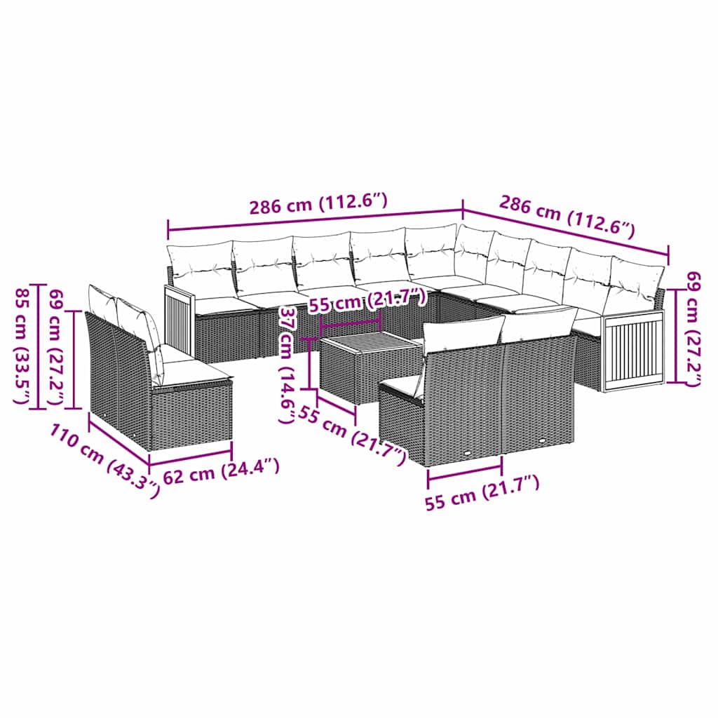 Set Divani da Giardino 14pz con Cuscini in Polyrattan Nero | homemem39