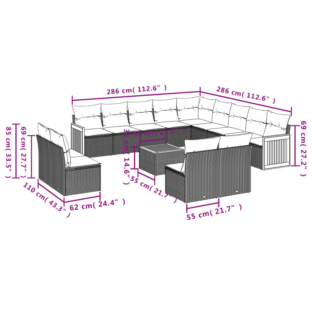Set Divani da Giardino 14pz con Cuscini in Polyrattan Grigio | homemem39