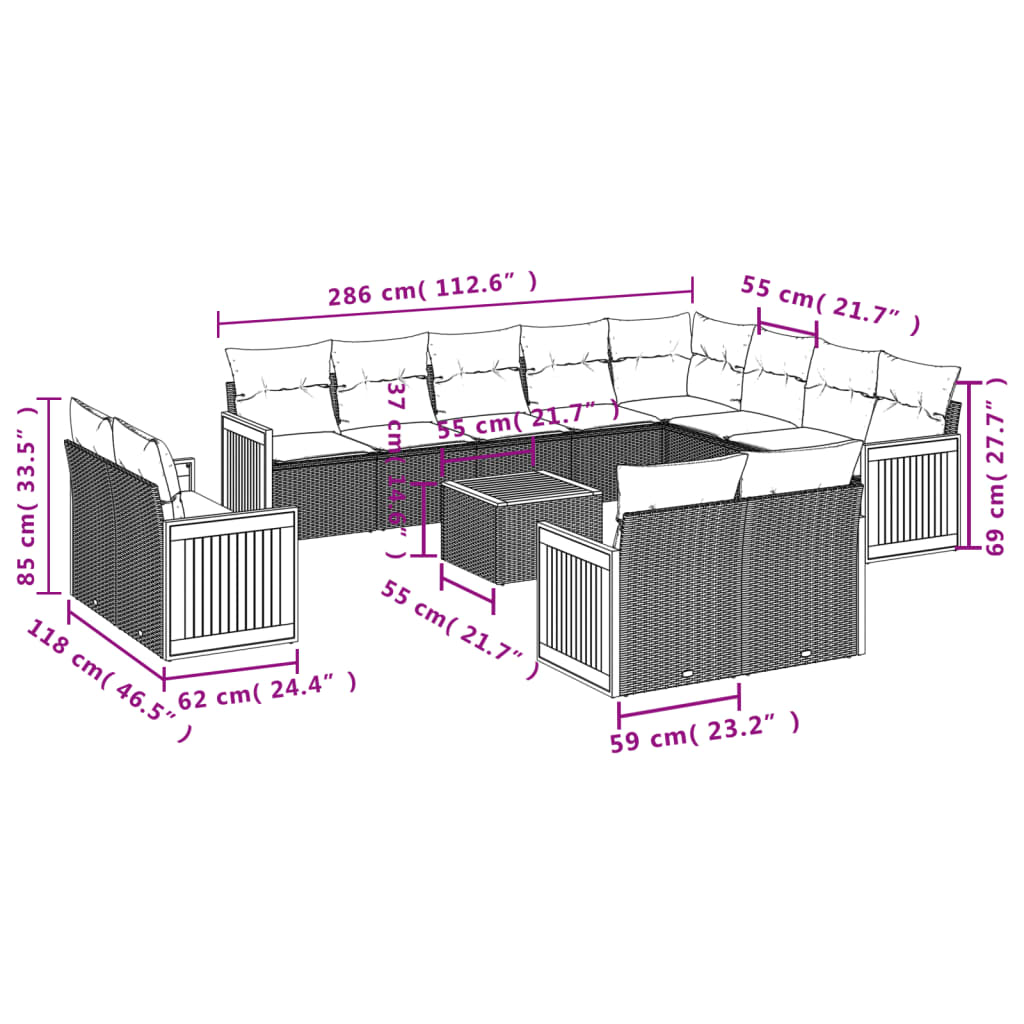 Set Divani da Giardino 13 pz con Cuscini Grigio in Polyrattan | homemem39