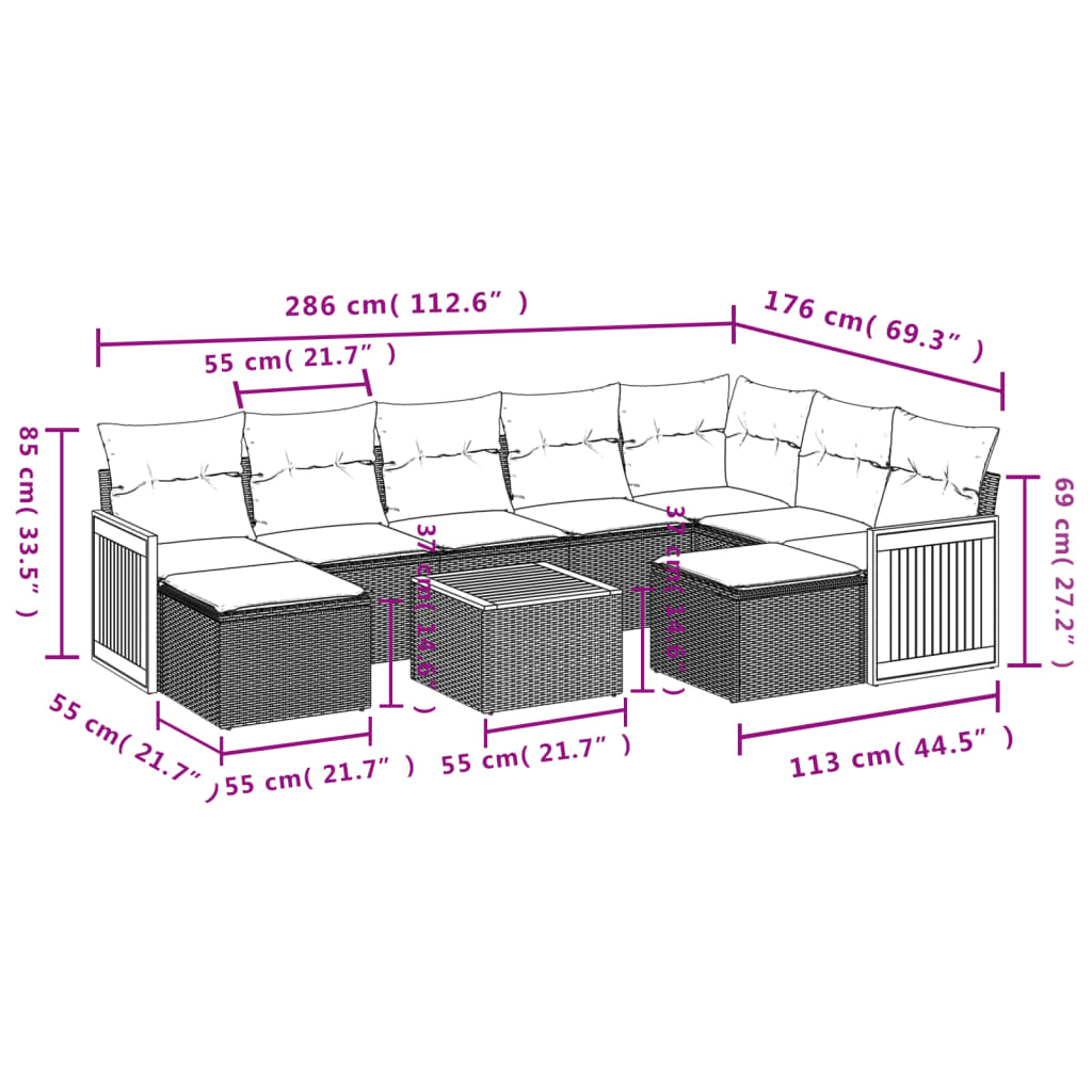 Set Divani da Giardino 10pz con Cuscini in Polyrattan Nero