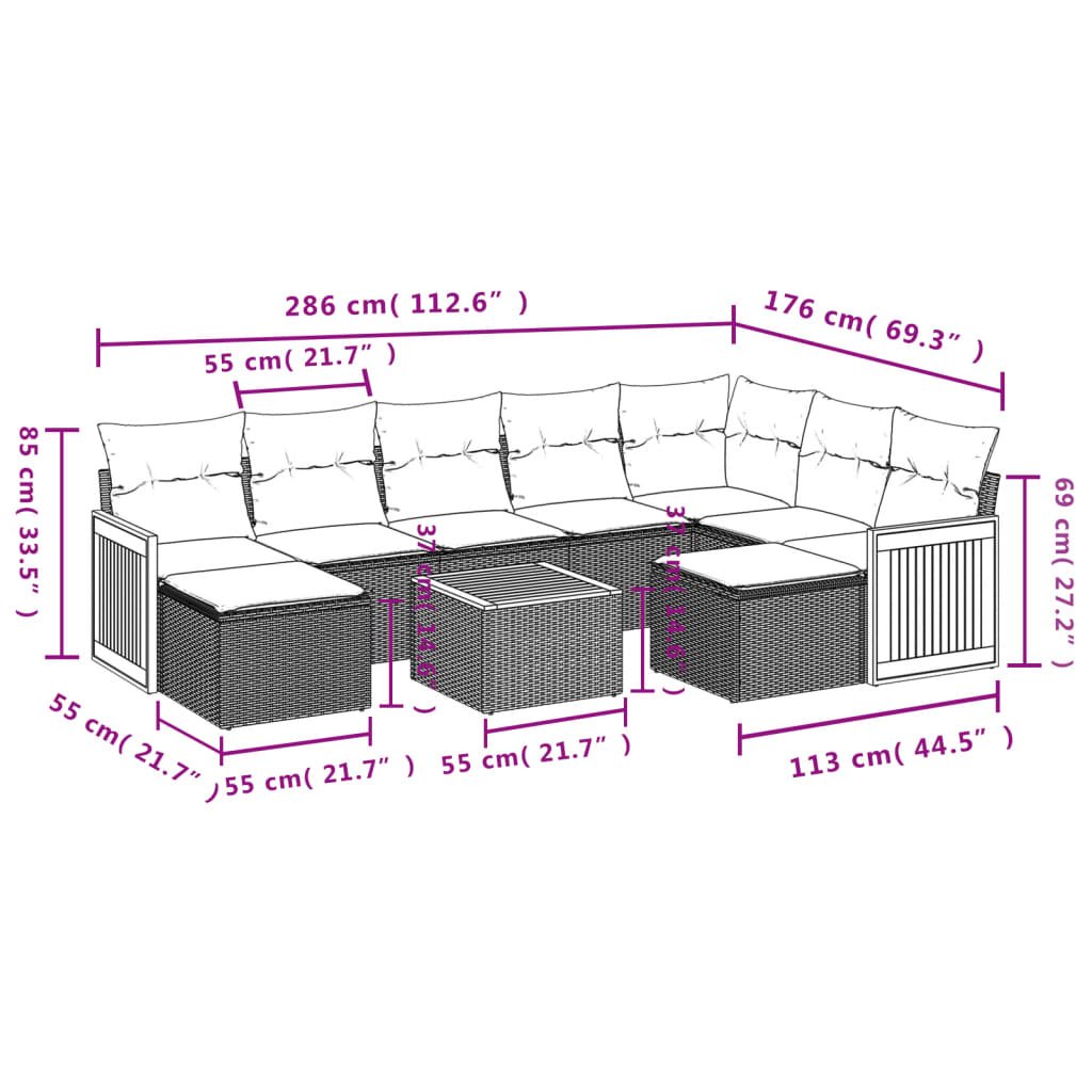 Set Divano da Giardino 10 pz con Cuscini Grigio in Polyrattan