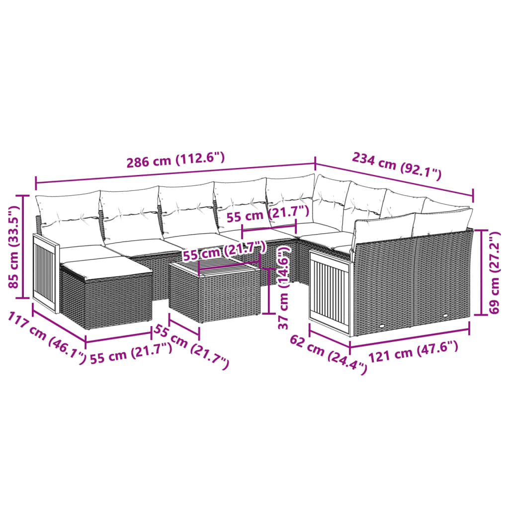 Set Divani da Giardino 11 pz con Cuscini in Polyrattan Nero
